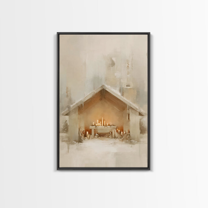 Humble Nativity Glow, Framed Canvas Print, Christmas Wall Art, Christian Art Canvas, Minimalist Christian Art, Christian Christmas Art, Sub