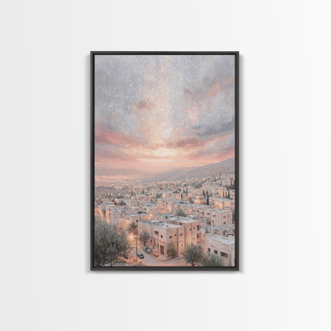 Dawn Over Bethlehem, Framed Canvas Print, Christmas Wall Art, Christian Art Print, Christian Christmas Art, Modern Christian Painting, Chri