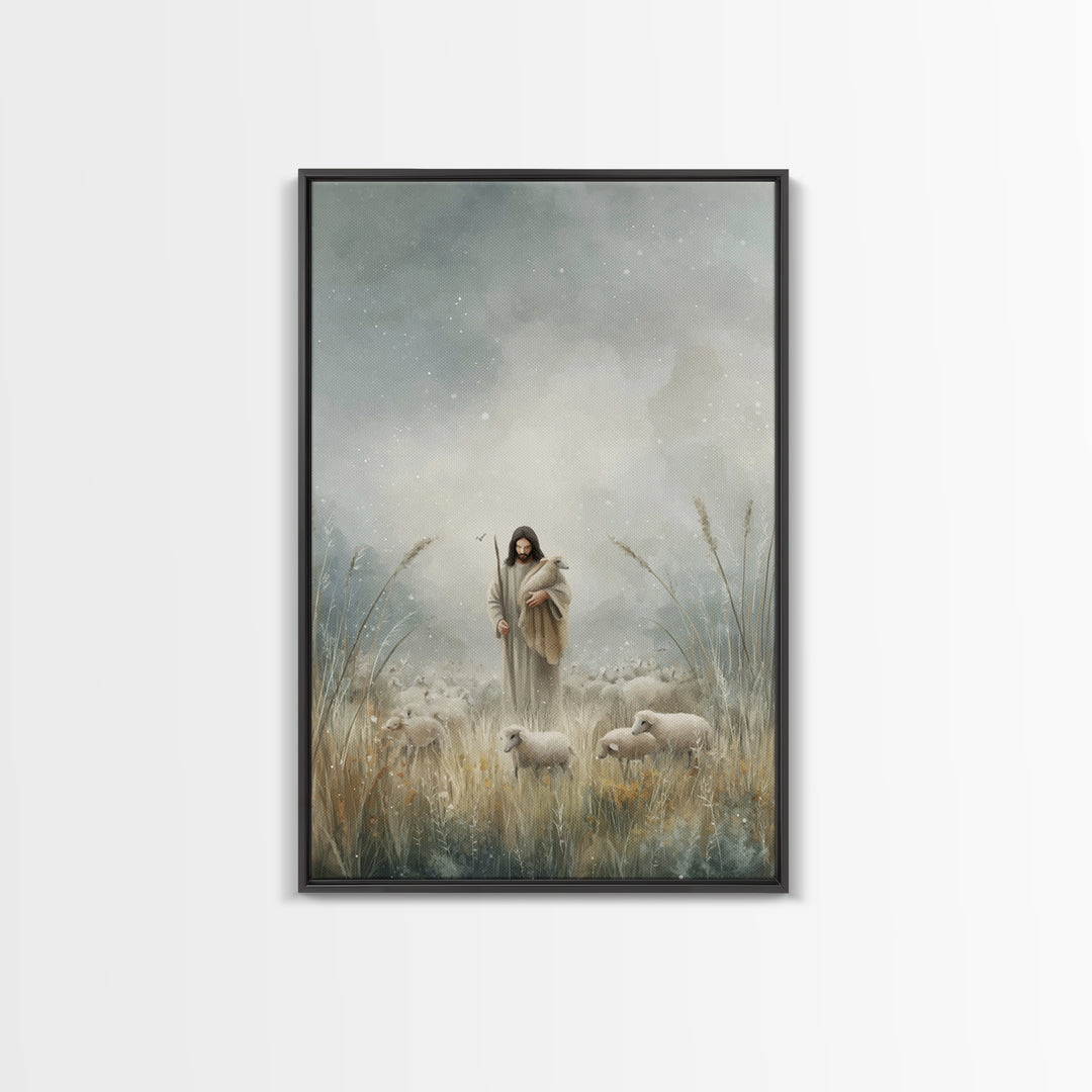 Gentle Shepherd Light – Framed Canvas Print – Jesus Painting – Christian Art Print – Christian Decor – Christian Wall Art – Minimalist Chri