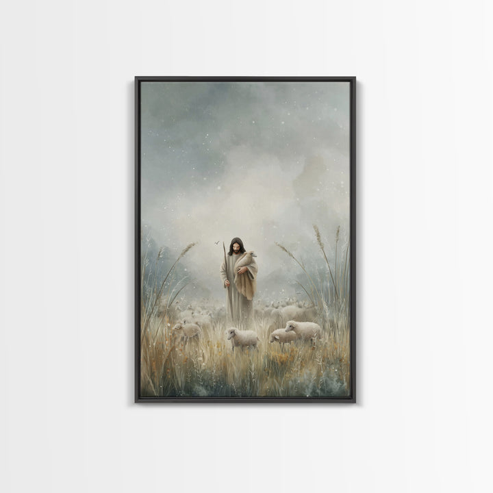 Gentle Shepherd Light – Framed Canvas Print – Jesus Painting – Christian Art Print – Christian Decor – Christian Wall Art – Minimalist Chri