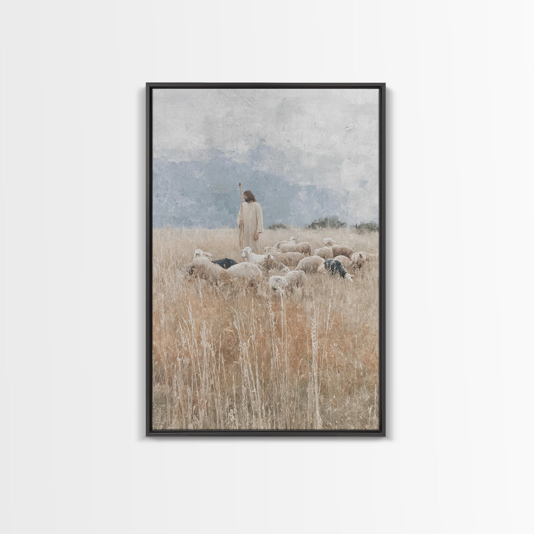 Quiet Meadow Shepherd – Framed Canvas Print – Christian Art Canvas – Jesus Painting – Christian Decor For Home – Large Christian Painting –