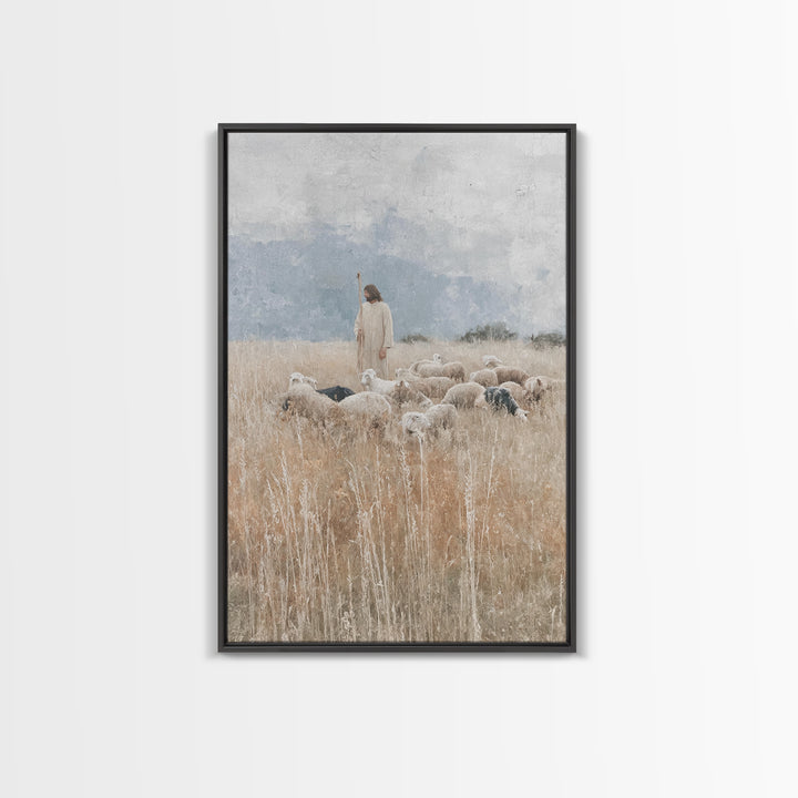 Quiet Meadow Shepherd – Framed Canvas Print – Christian Art Canvas – Jesus Painting – Christian Decor For Home – Large Christian Painting –