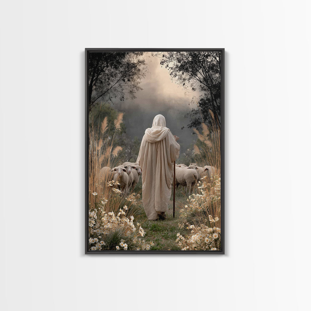 Evening Shepherd Glow – Framed Canvas Print – Christian Art Canvas – Christian Wall Art – Large Jesus Painting – Christian Decor – Modern C