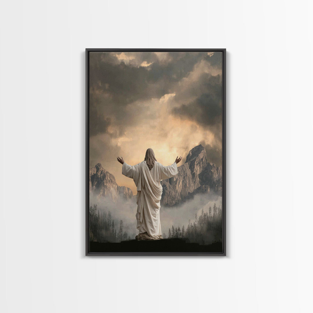 Mountain Prayer Light | Framed Canvas Print | Christian Art Canvas | Jesus Wall Art | Moody Christian Art | Large Christian Painting | Chri