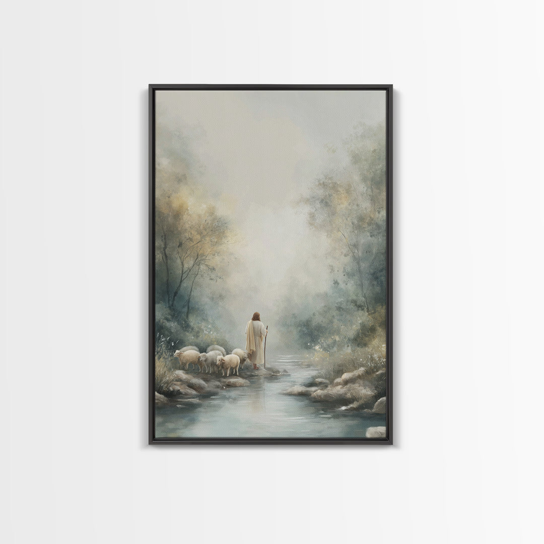 River Path Shepherd – Framed Canvas Print – Christian Art Canvas – Jesus Painting – Modern Christian Art – Christian Gift Ideas – Christian