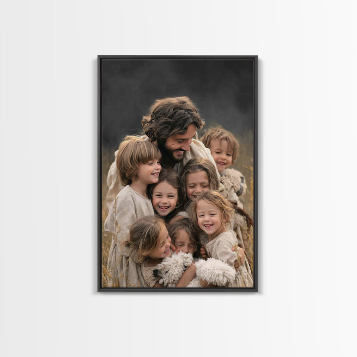 Laughter of the Lambs | Framed Canvas Print | Jesus Painting | Christian Art Canvas | Christian Wall Art | Christian Decor