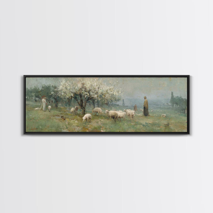 Shepherd Spring Peace – Framed Canvas Print – Christian Wall Art – Jesus Painting – Panoramic Art – Christian Art Canvas – Christmas Art