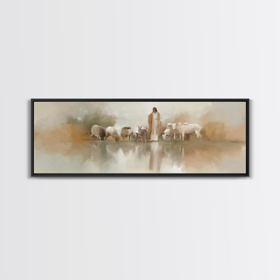 Gentle Pasture Light | Framed Canvas Print | Christian Wall Art | Panoramic Frame | Jesus Canvas Art | Christmas Art
