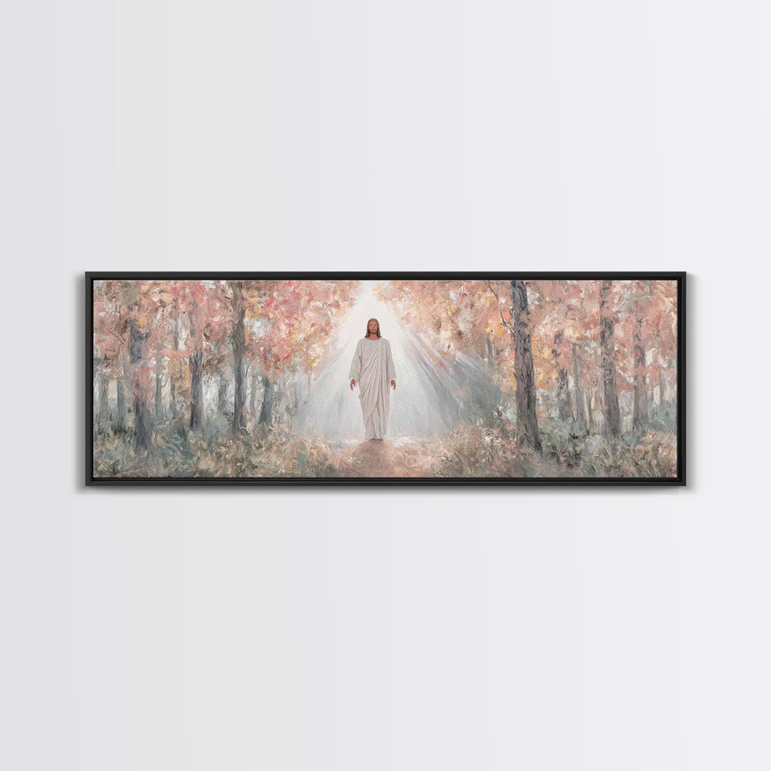 Radiant Savior Path, Framed Canvas Print, Christian Wall Art, Jesus Painting, Panoramic Art, Christmas Wall Art