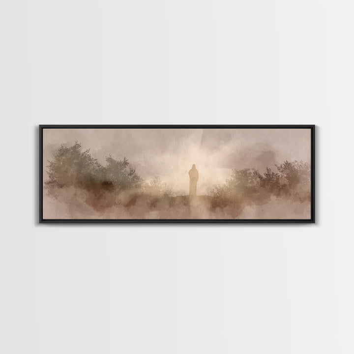 Hillside Redeemer, Framed Canvas Print, Christian Art, Jesus Wall Art, Panoramic Painting, Christian Christmas Art
