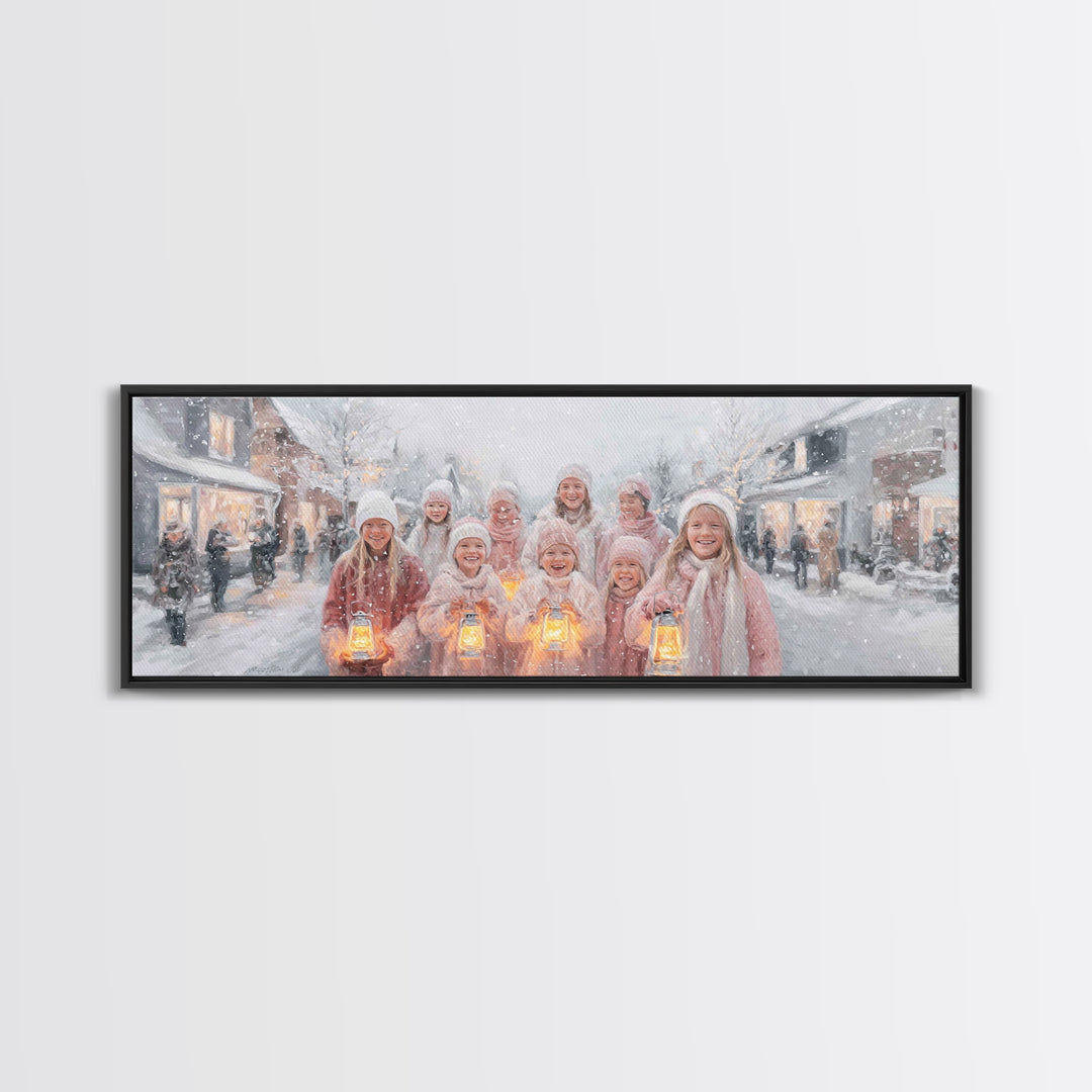 Joyful Lantern Parade, Framed Canvas Print, Panoramic Art, Christmas Wall Art, Christian Christmas Art, Christian Gift Ideas, Christian Art