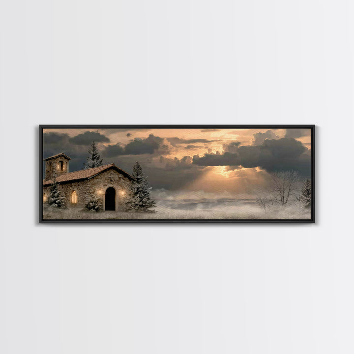 Chapel At Dawn | Framed Canvas Print | Panoramic Wall Art | Christian Art Canvas | Christian Wall Art | Christian Decor | Christmas Art