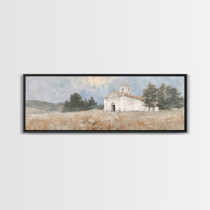 Hillside Parish Light – Framed Canvas Print – Panoramic Painting – Christian Art Canvas – Christian Wall Art – Christian Decor – Christmas