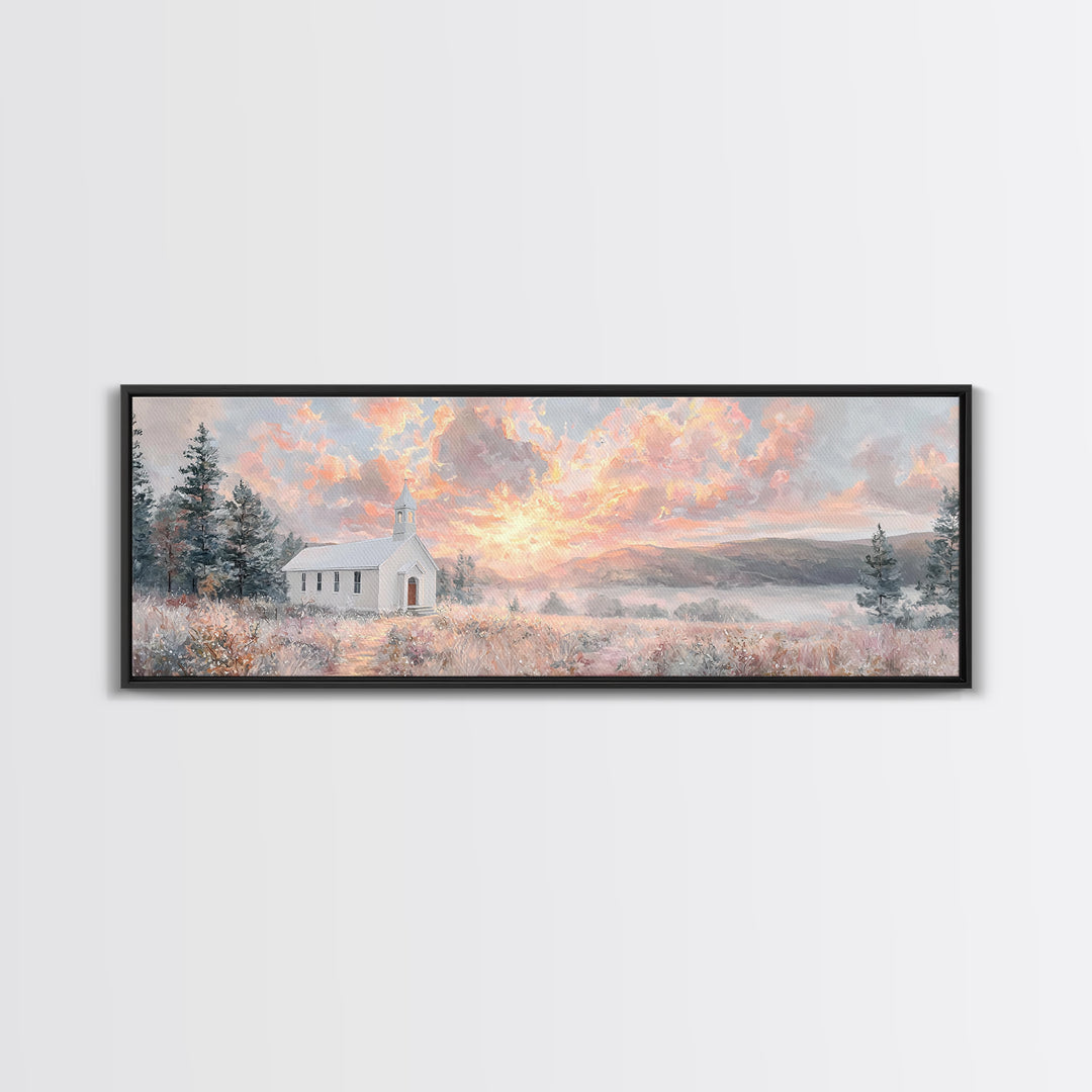 Morning Glory Chapel, Framed Canvas Print, Extra Wide Art, Christian Wall Art, Christian Christmas Art, Christian Art Canvas, Christmas Art