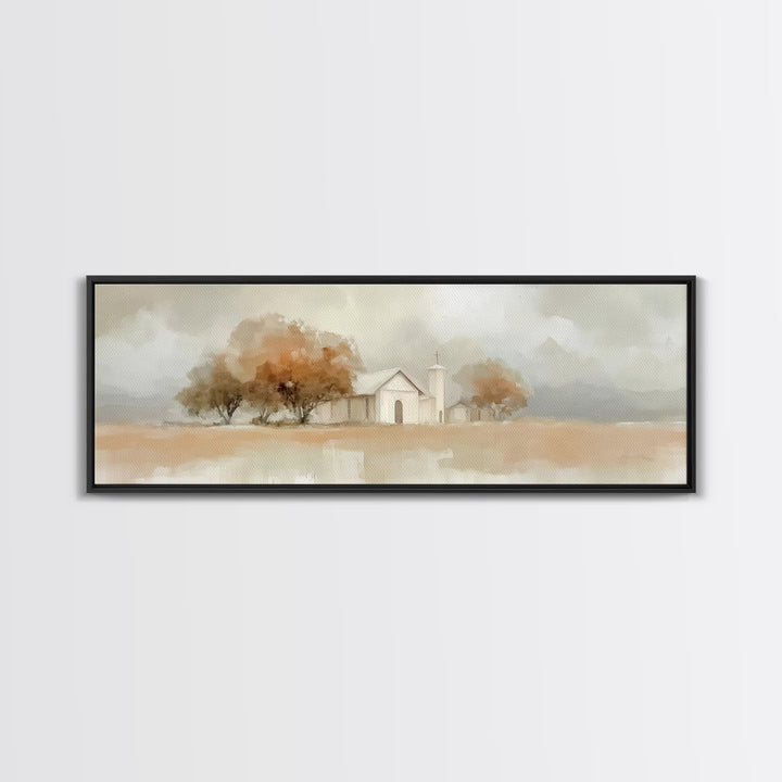 Autumn Church Peace | Framed Canvas Print | Panoramic Art | Christian Wall Art | Christian Art Canvas | Christian Decor | Christmas Art