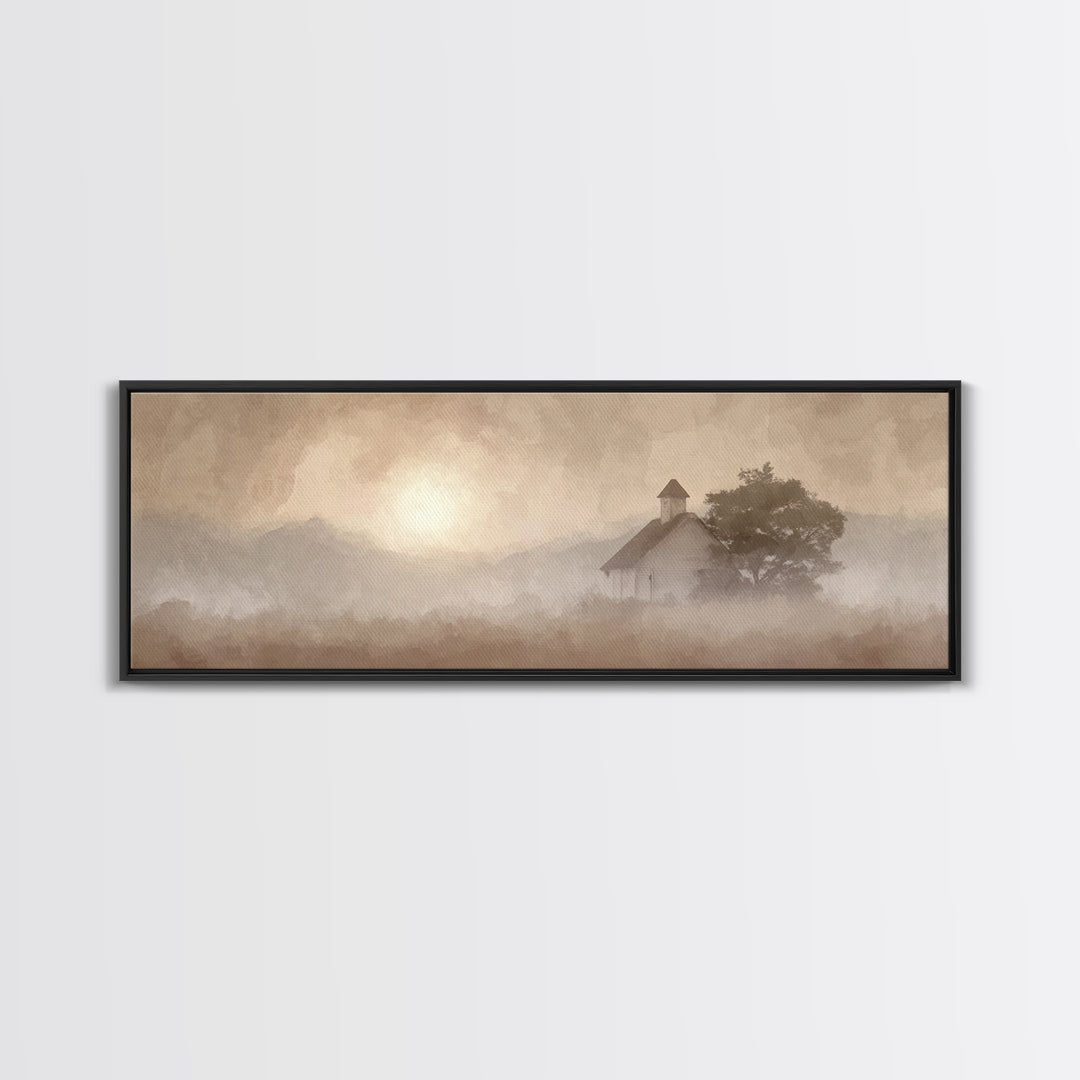 Rustic Chapel Mist – Framed Canvas Print – Panoramic Frame – Christian Art Canvas – Christian Wall Art – Christian Christmas Art – Christia