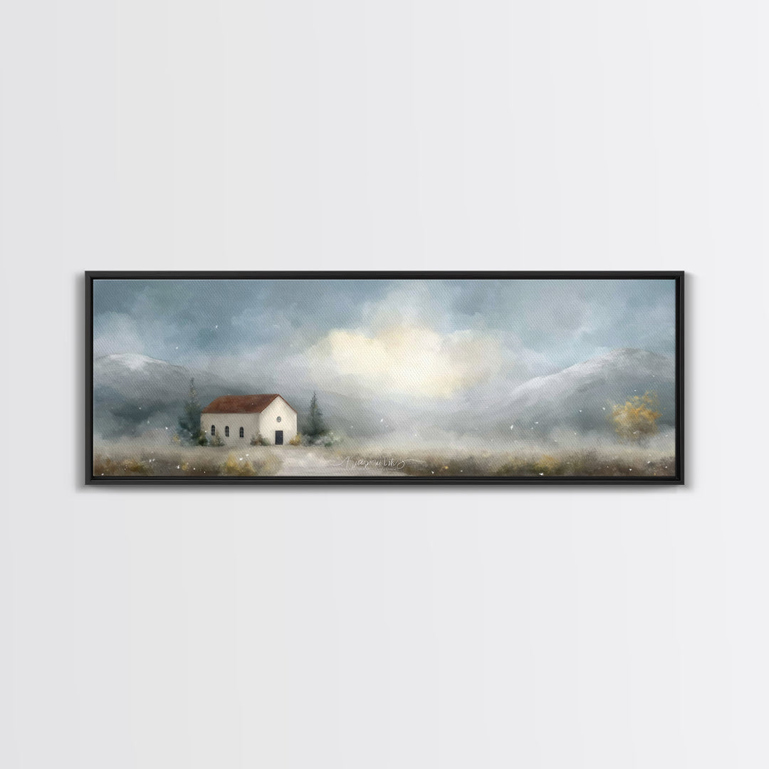 Valley Church Calm, Framed Canvas Print, Panoramic Painting, Christian Art Canvas, Christian Decor, Christian Christmas Art, Christian Wall