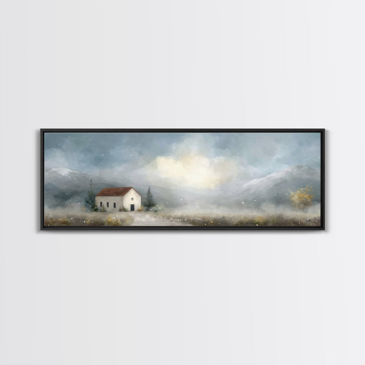 Valley Church Calm, Framed Canvas Print, Panoramic Painting, Christian Art Canvas, Christian Decor, Christian Christmas Art, Christian Wall
