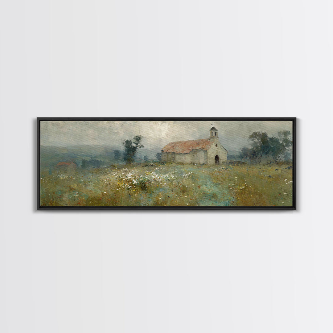 Fieldside Chapel Grace | Framed Canvas Print | Panoramic Wall Art | Christian Art Canvas | Christian Decor | Christian Art | Christmas Art