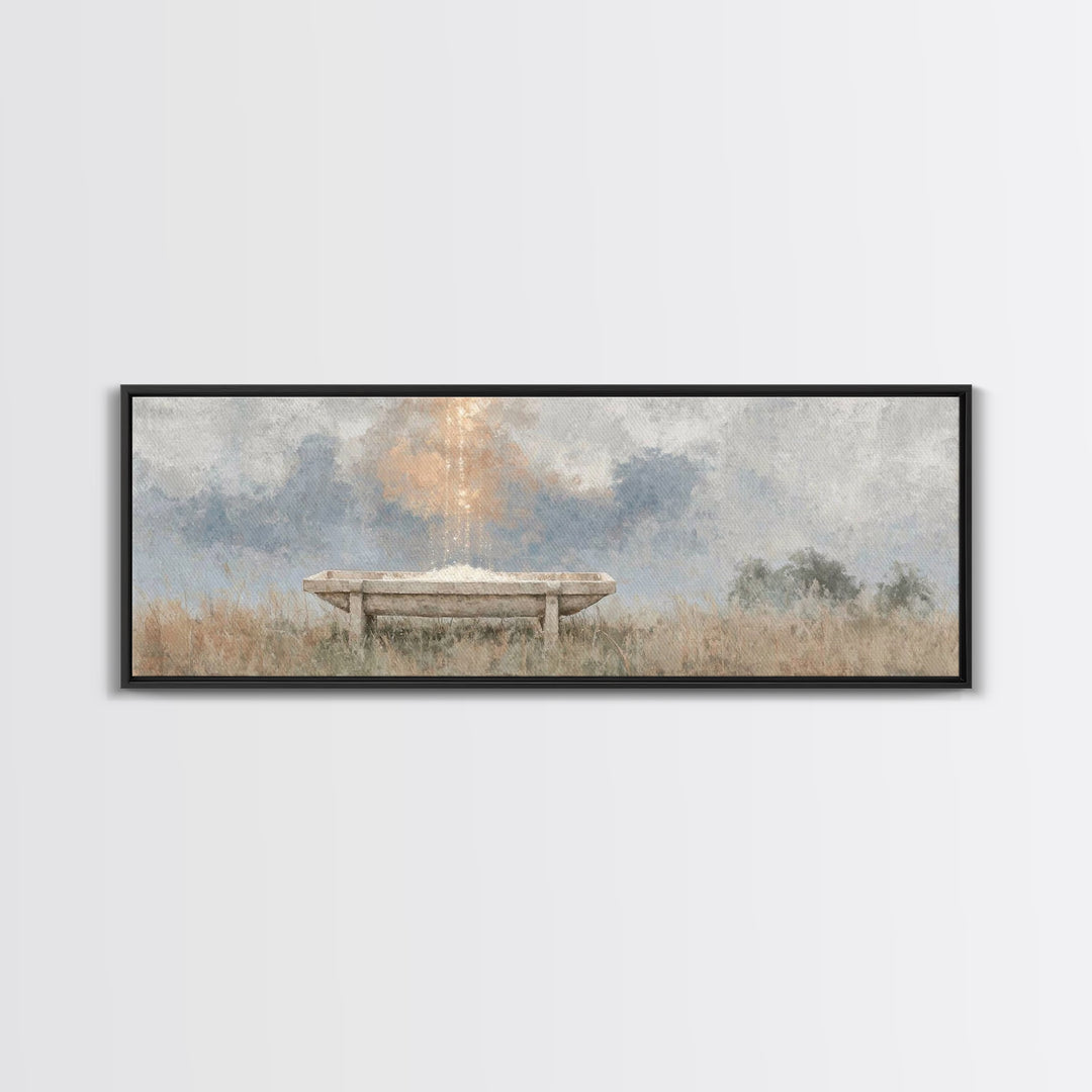 Starborn Manger | Framed Canvas Print | Christmas Wall Art | Christian Christmas Art | Panoramic Frame | Christian Art Canvas | Christmas A