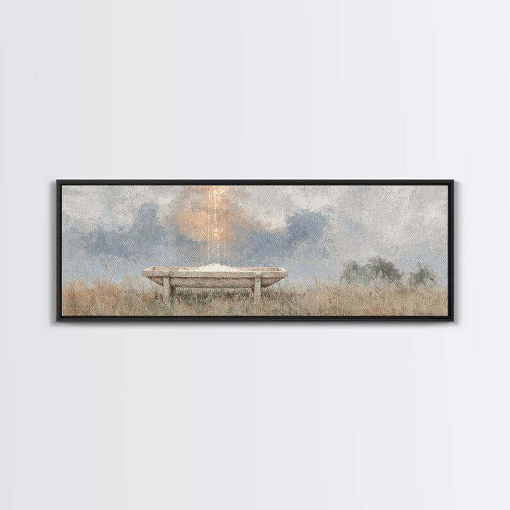 Starborn Manger | Framed Canvas Print | Christmas Wall Art | Christian Christmas Art | Panoramic Frame | Christian Art Canvas | Christmas A