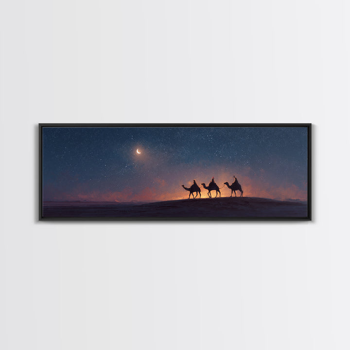 Moonlit Pilgrims – Framed Canvas Print – Extra Wide Art – Christian Wall Art – Christian Art Canvas – Christmas Art – Modern Christian Art