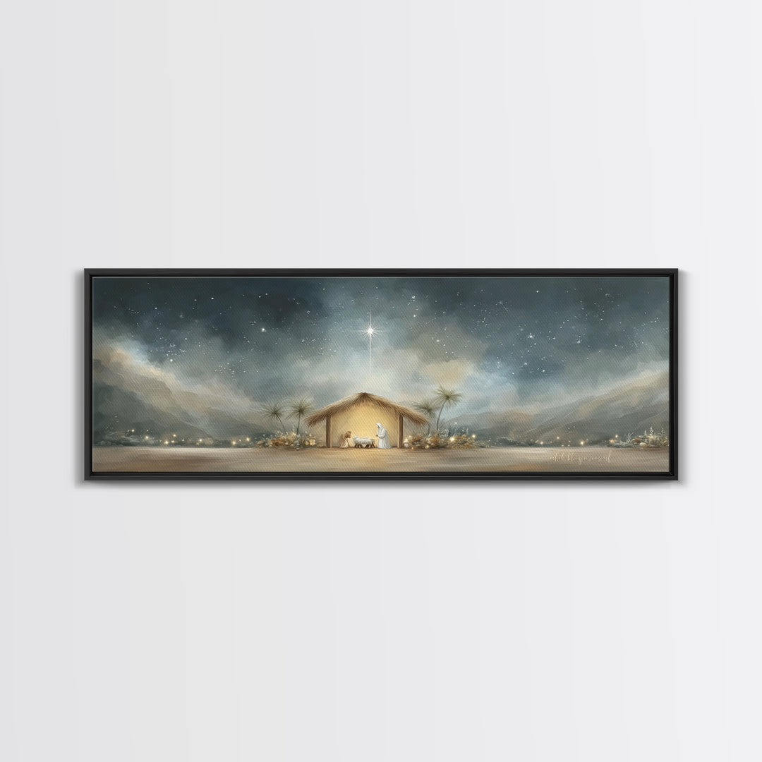 Holy Night Shelter, Framed Canvas Print, Panoramic Wall Art, Christian Art, Christmas Art Prints, Christian Christmas Decor, Jesus Painting