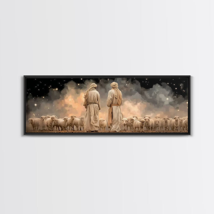 Starry Shepherd Watch – Framed Canvas Print – Panoramic Art – Christian Wall Art – Christian Art Canvas – Christmas Art – Jesus Painting