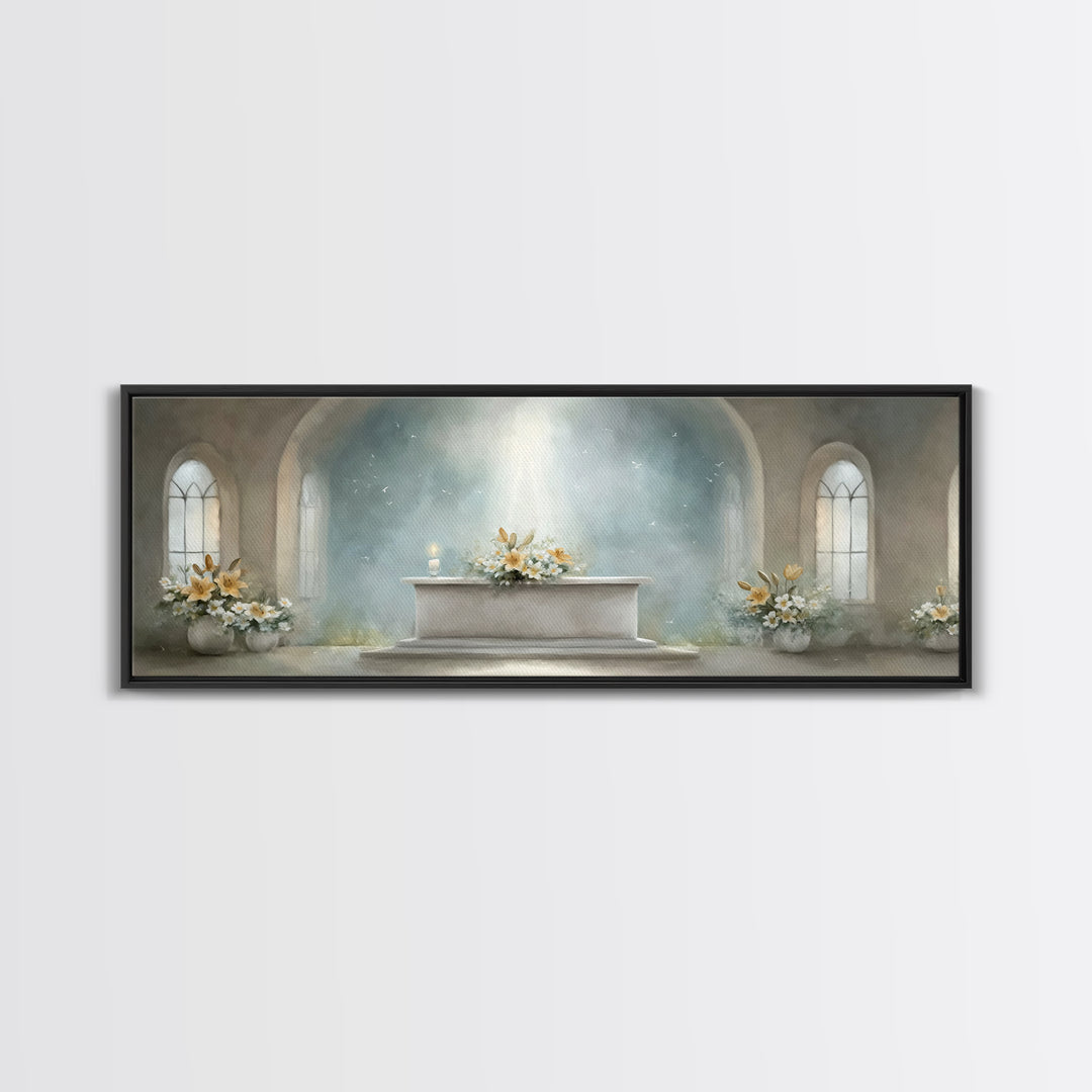 Radiant Sanctuary – Framed Canvas Print – Panoramic Frame – Christian Art Canvas – Christian Wall Art – Christmas Art – Christian Christmas