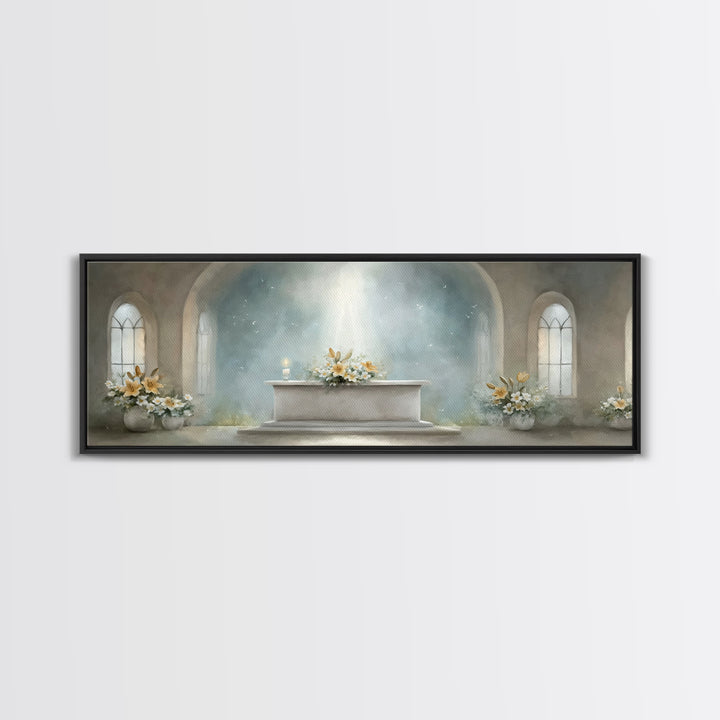 Radiant Sanctuary – Framed Canvas Print – Panoramic Frame – Christian Art Canvas – Christian Wall Art – Christmas Art – Christian Christmas