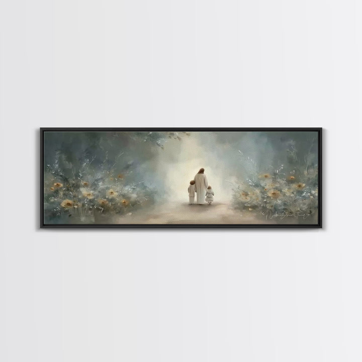 Golden Meadow Grace, Framed Canvas Print, Panoramic Wall Art, Christian Art Canvas, Jesus Painting, Christian Christmas Art, Christian Art