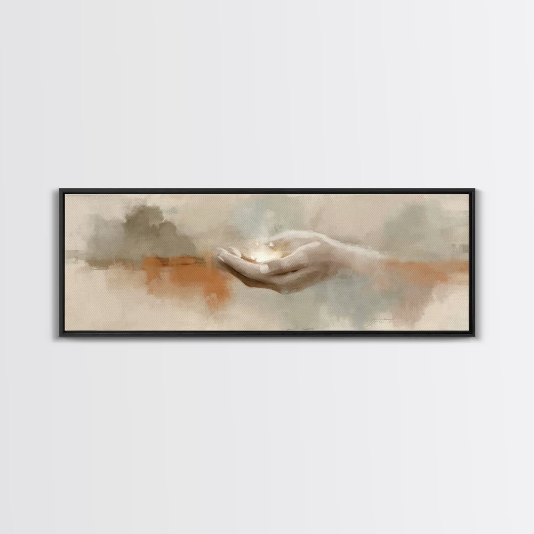 Grace In His Hands, Framed Canvas Print, Panoramic Wall Art, Christian Art Prints, Modern Christian Art, Jesus Art Print, Christian Decor