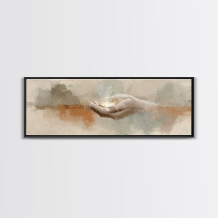 Grace In His Hands, Framed Canvas Print, Panoramic Wall Art, Christian Art Prints, Modern Christian Art, Jesus Art Print, Christian Decor