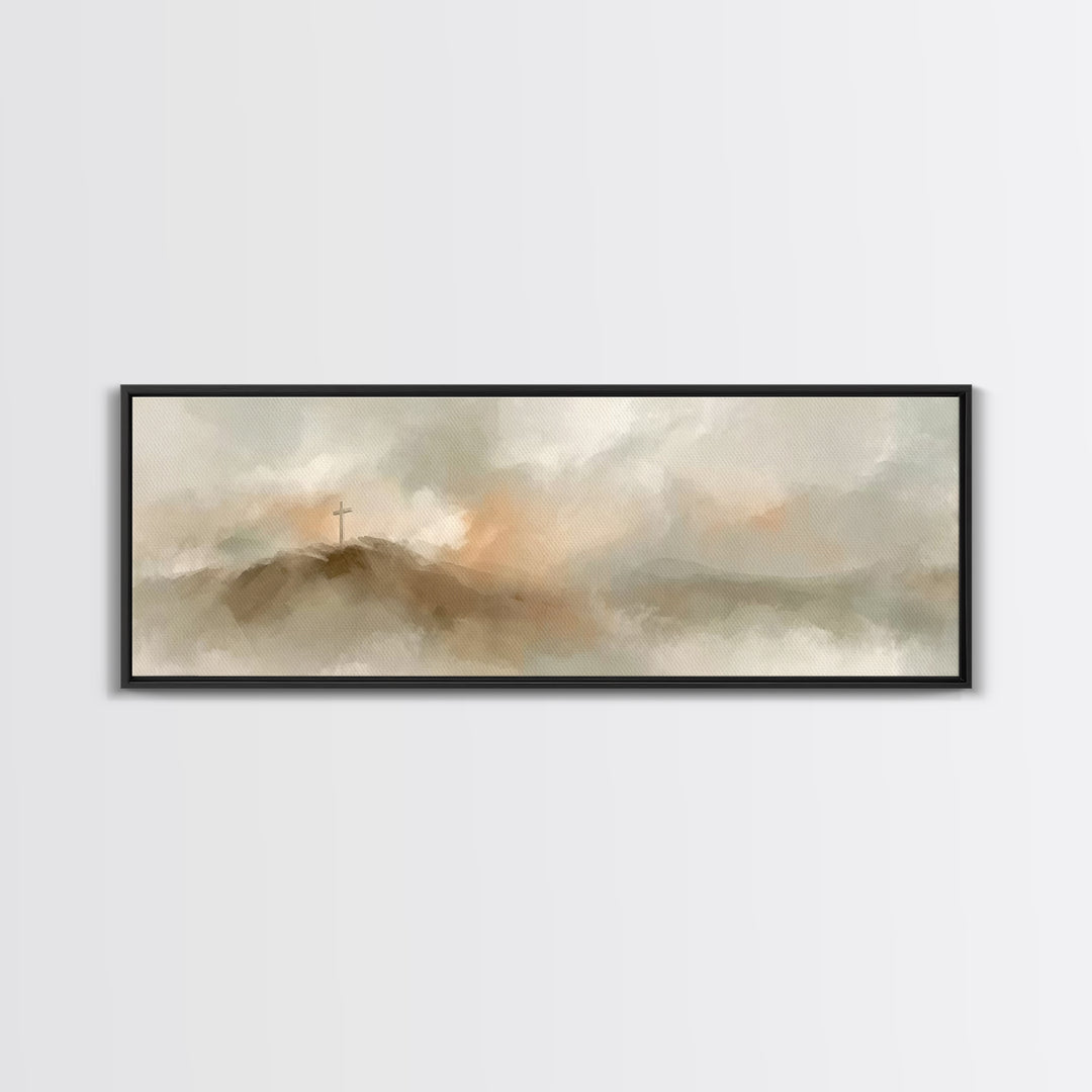 Cross On The Hill – Framed Canvas Print – Christian Art Print – Panoramic Painting – Christian Wall Art – Vintage Christian Art – Christian