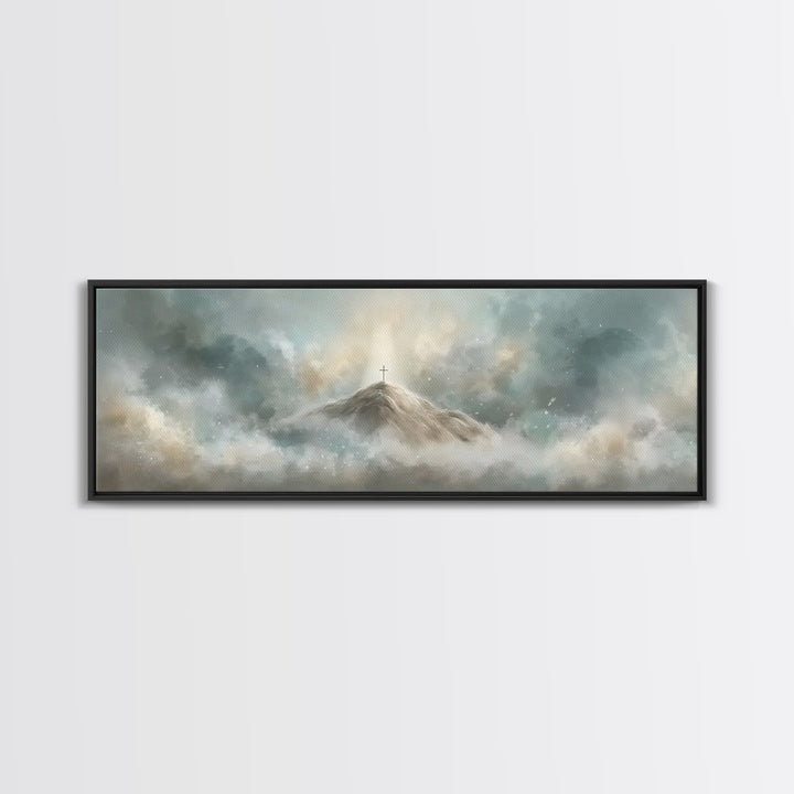 Peaceful Crossrise, Framed Canvas Print, Christian Art Print, Panoramic Painting, Christian Wall Art, Subtle Christian Art, Christian Gift