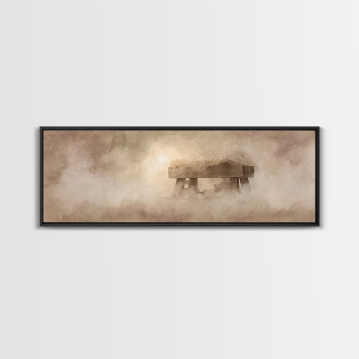 Manger Light Glory, Framed Canvas Print, Christian Art Canvas, Christian Wall Art, Panoramic Painting, Christmas Art Prints, Christian Deco
