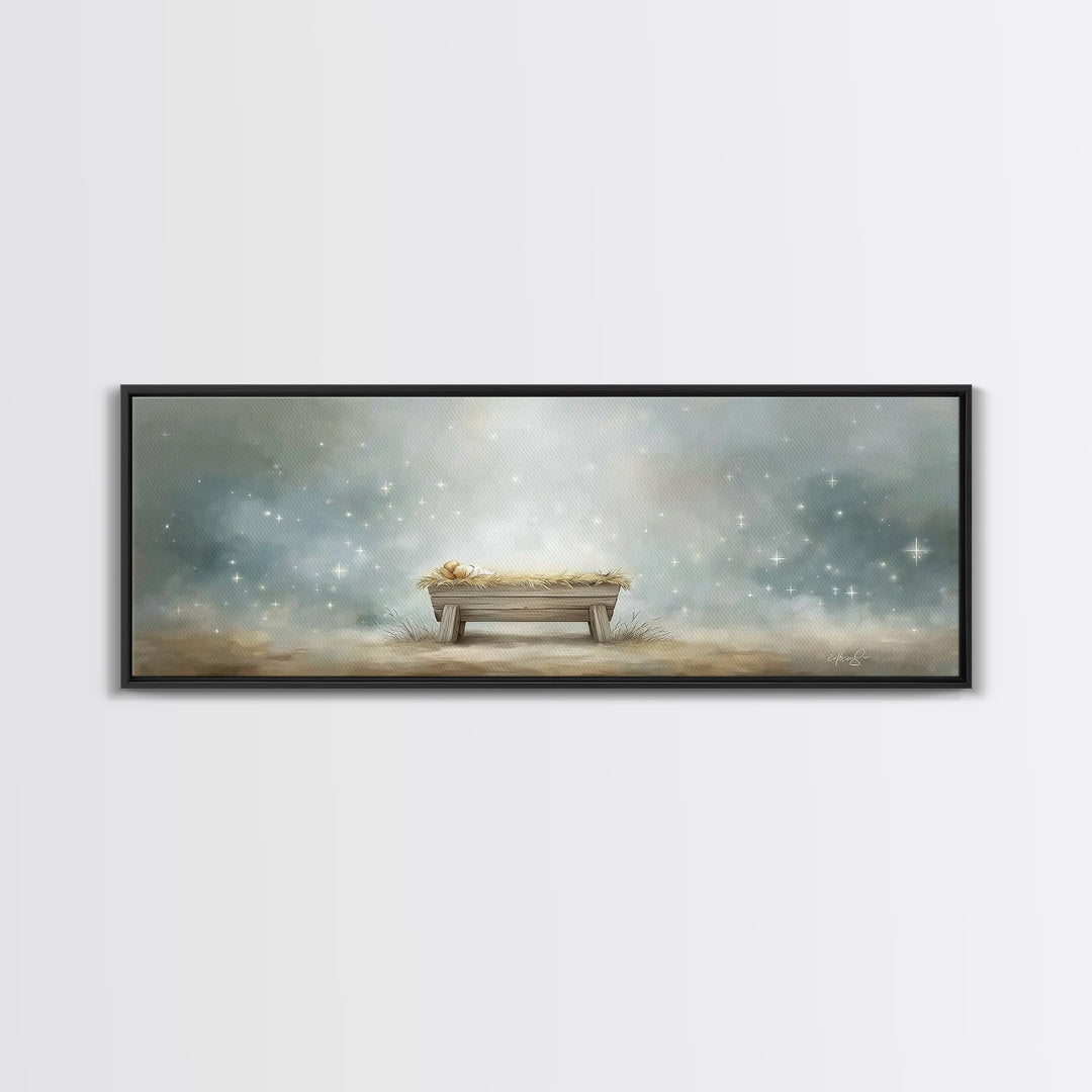 Starry Night Manger, Framed Canvas Print, Christian Christmas Art, Panoramic Art, Christian Wall Art, Jesus Painting