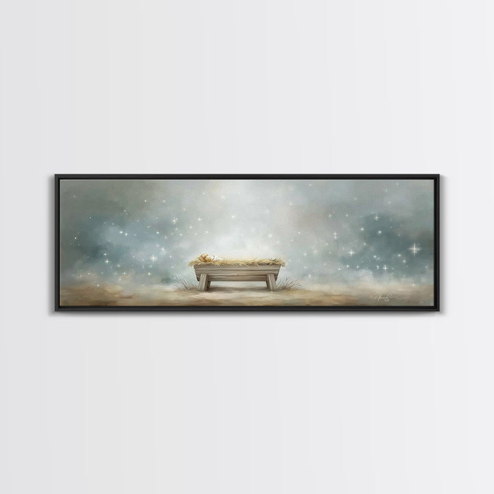 Starry Night Manger, Framed Canvas Print, Christian Christmas Art, Panoramic Art, Christian Wall Art, Jesus Painting