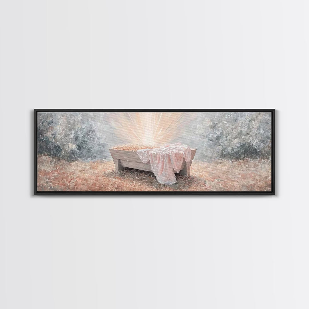 Radiant Manger Joy | Framed Canvas Print | Christian Art Canvas | Panoramic Wall Art | Christmas Wall Art | Christian Decor