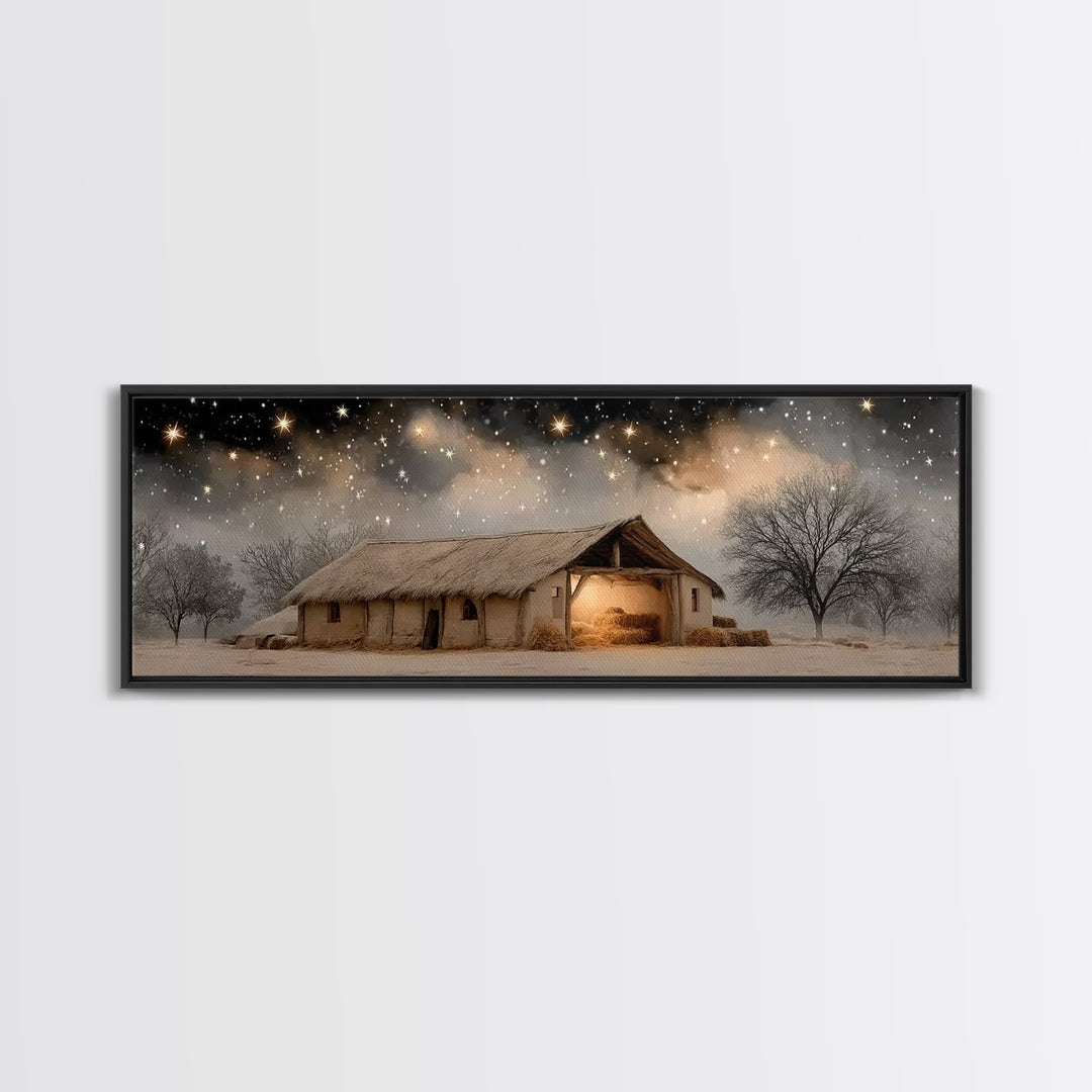 Starry Stable Night – Framed Canvas Print – Christian Christmas Art – Panoramic Painting – Christmas Wall Art – Christian Decor