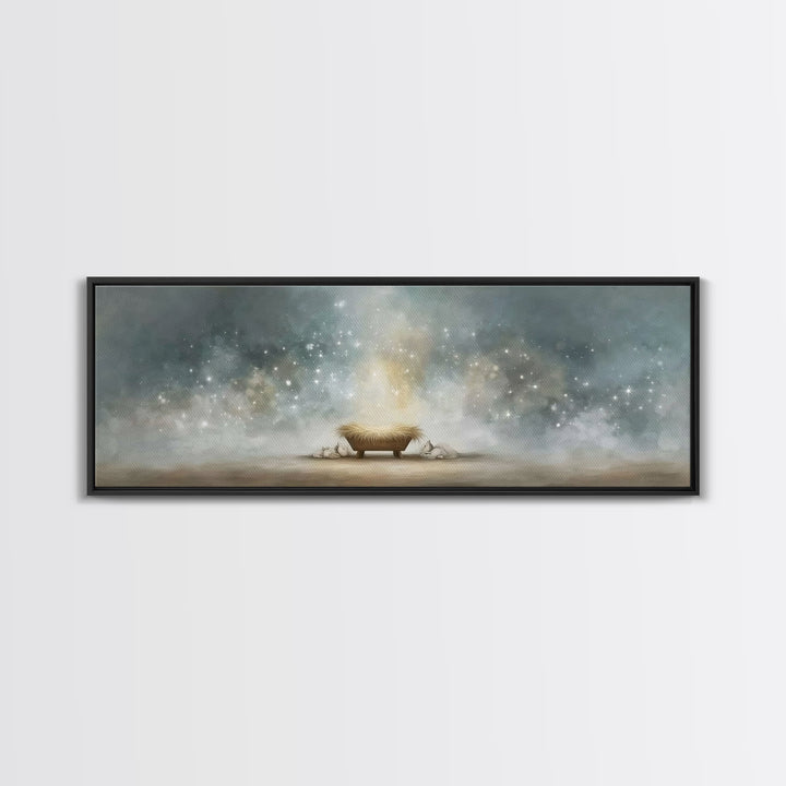 Heavenly Cradle Light, Framed Canvas Print, Panoramic Art, Christian Wall Art, Christmas Art Prints, Christian Art Canvas