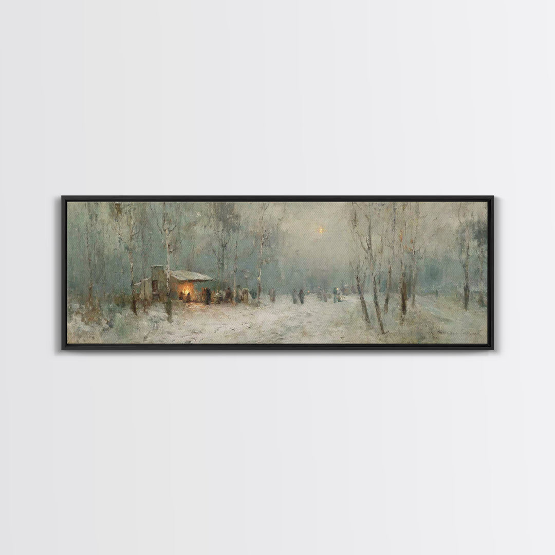 Winter Gathering Glow | Framed Canvas Print | Christian Wall Art | Panoramic Print | Christmas Art | Christian Gift Ideas