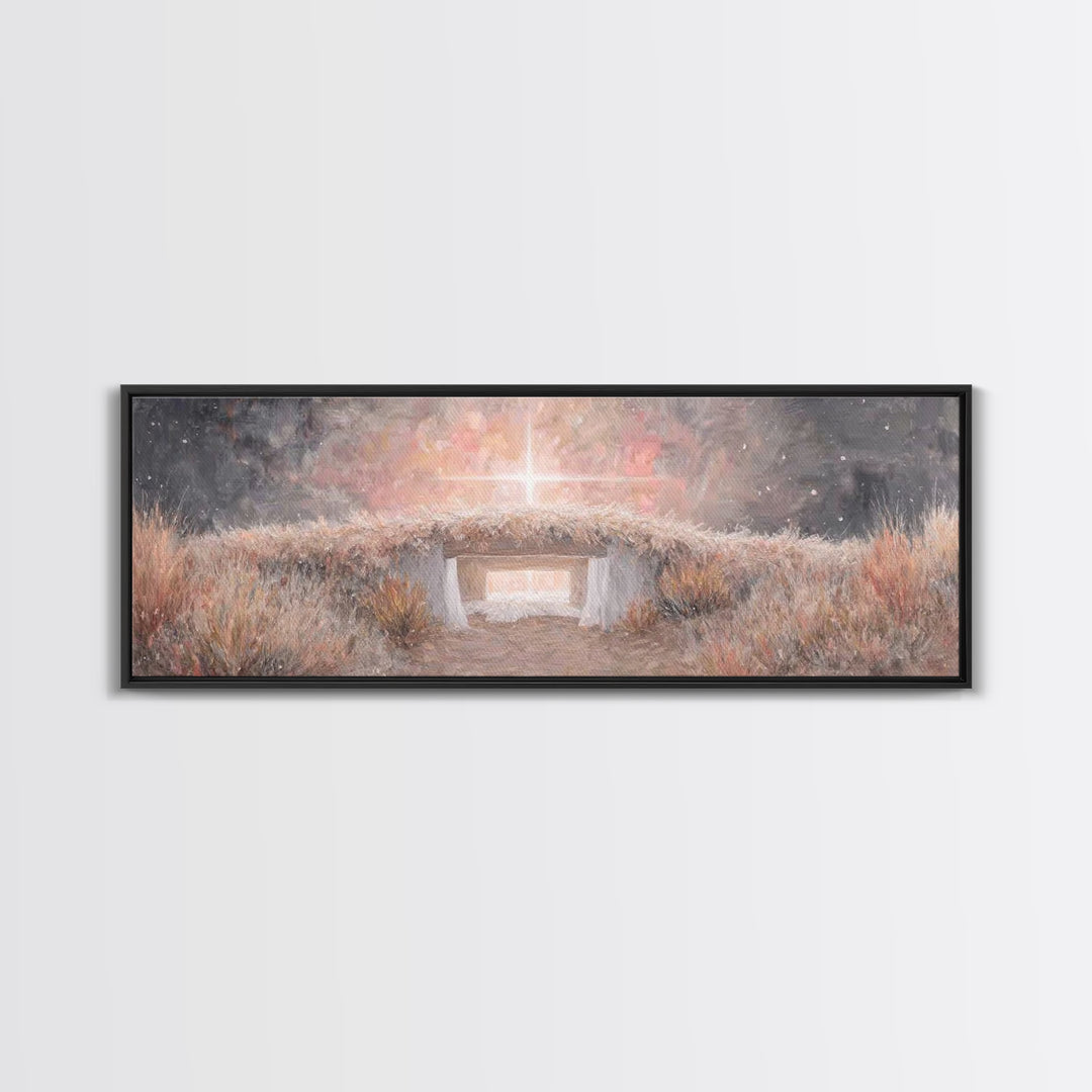 Radiant Manger Star - Framed Canvas Print - Christian Christmas Art - Panoramic Painting - Christian Art Canvas - Christmas Wall Art