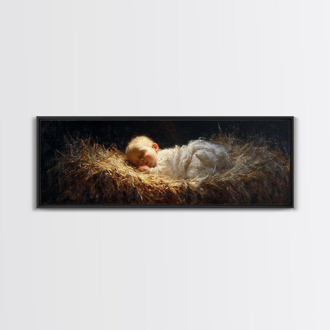 Divine Infant Rest - Framed Canvas Print - Christian Christmas Art - Panoramic Art - Christmas Wall Art - Jesus Painting