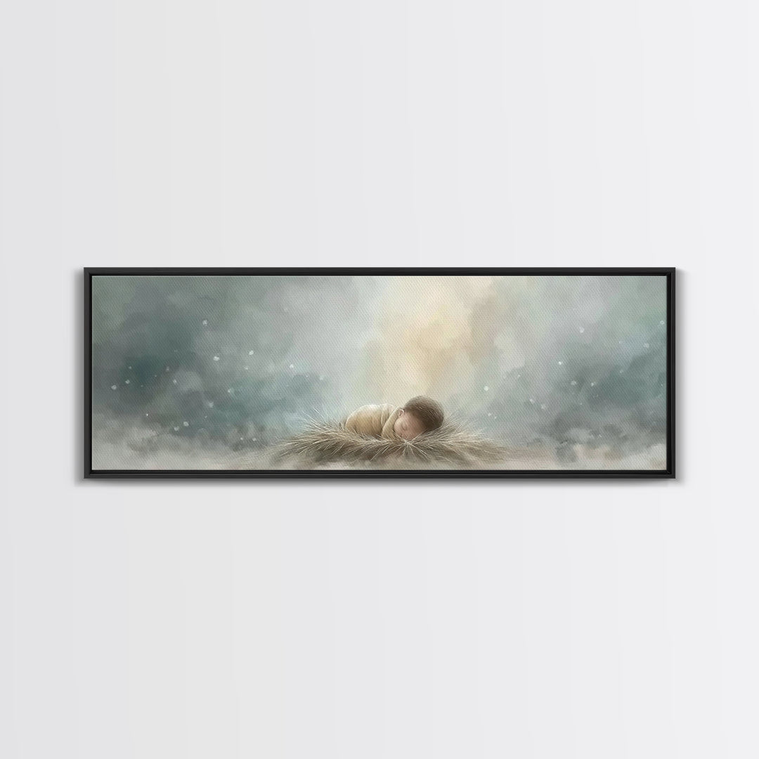 Heaven’s Gentle Gift – Framed Canvas Print – Panoramic Art – Christian Christmas Art – Christian Wall Art – Jesus Art Print