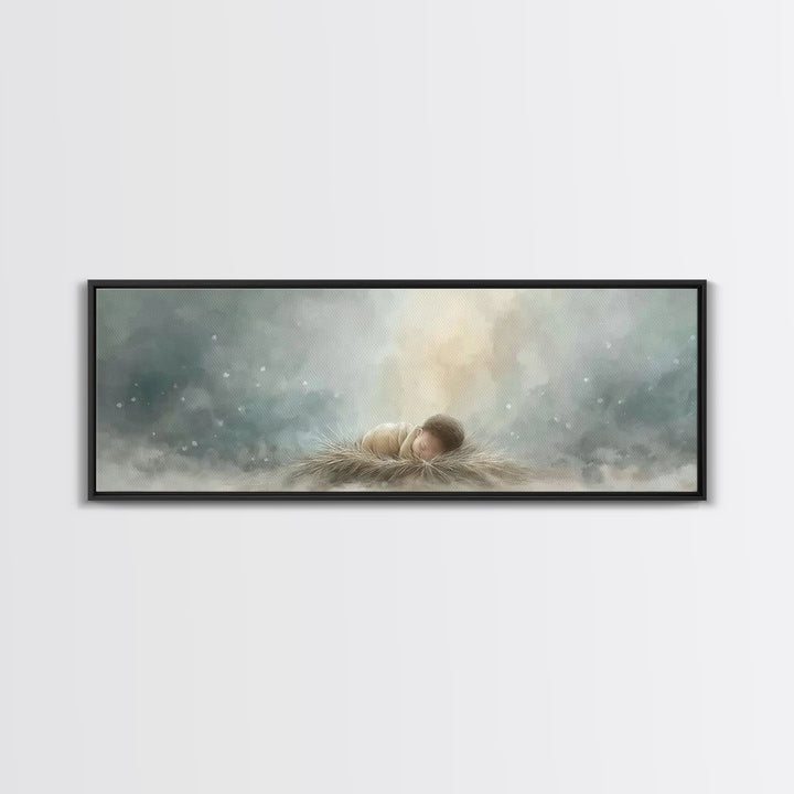 Heaven’s Gentle Gift – Framed Canvas Print – Panoramic Art – Christian Christmas Art – Christian Wall Art – Jesus Art Print