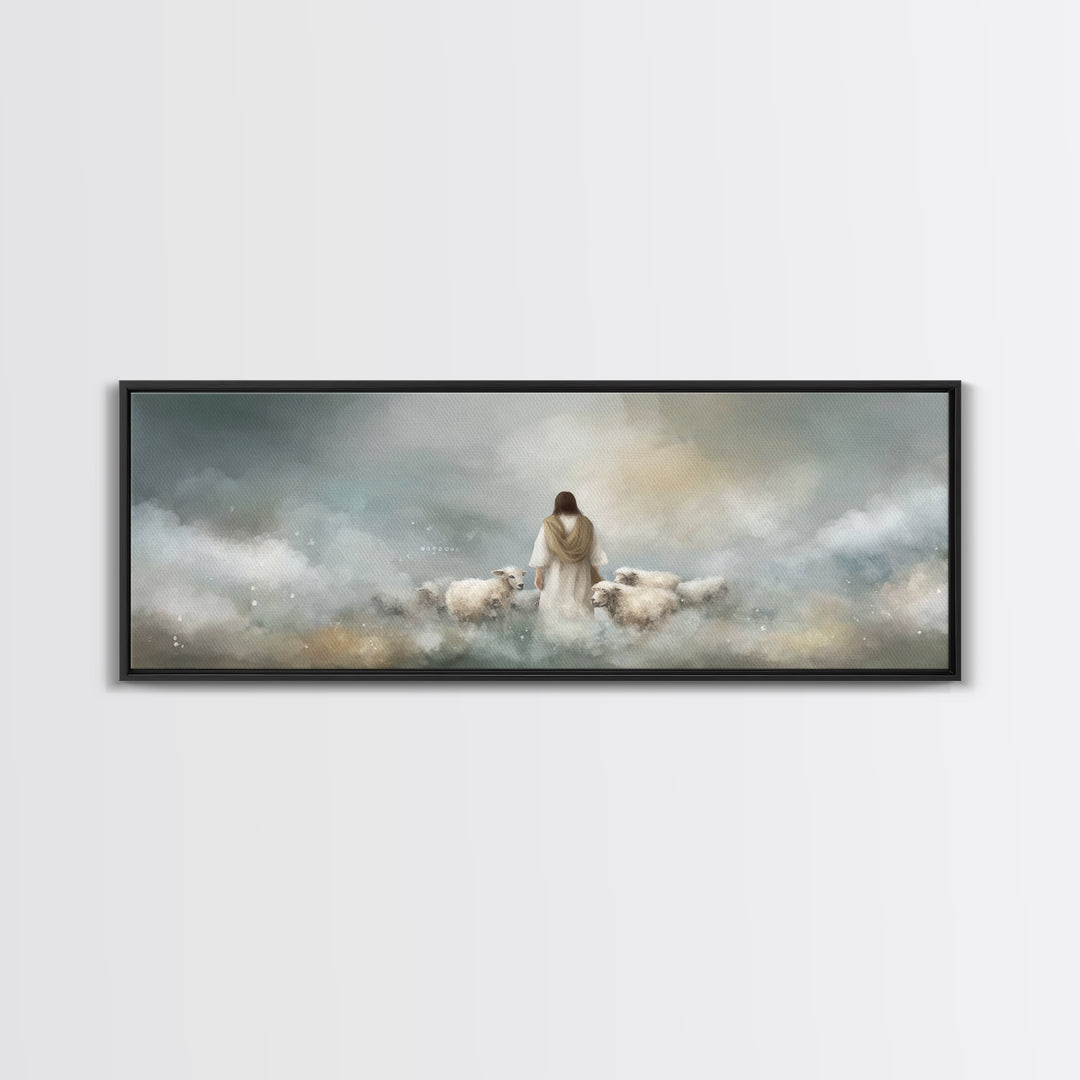 The Gentle Shepherd, Framed Canvas Print, Christian Art Canvas, Jesus Painting, Christian Wall Art, Panoramic Painting, Christian Gift Idea