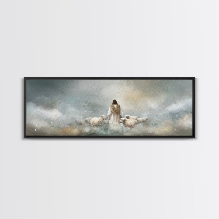 The Gentle Shepherd, Framed Canvas Print, Christian Art Canvas, Jesus Painting, Christian Wall Art, Panoramic Painting, Christian Gift Idea