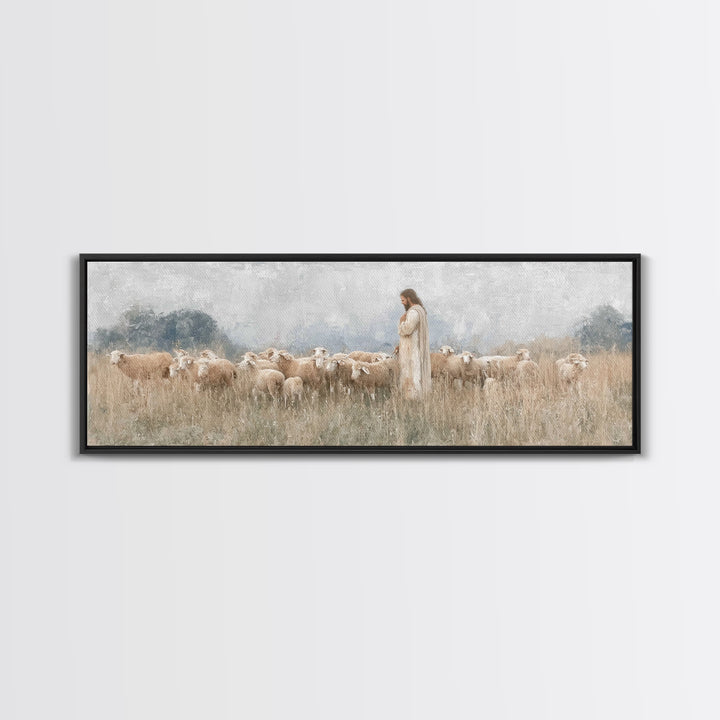 Gentle Shepherd Light | Framed Canvas Print | Panoramic Art | Christian Wall Art | Jesus Painting | Christmas Art
