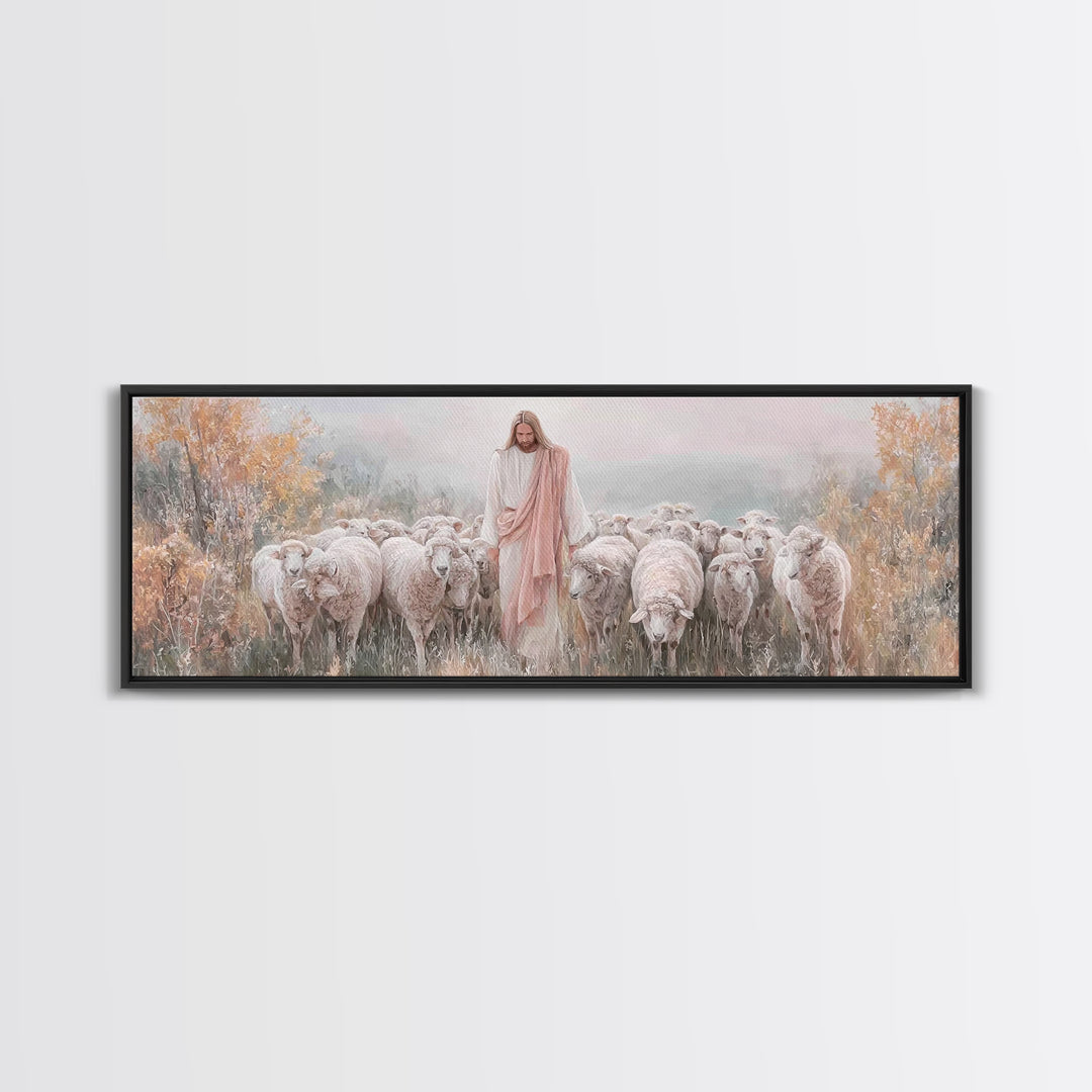 Pasture Of Mercy – Framed Canvas Print – Panoramic Wall Art – Christian Art Canvas – Jesus Painting – Christian Christmas
